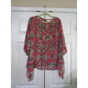 Umgee Womens Blouse Size Medium Colorful Paisley 3/4 Sleeve Asymmetric Hem